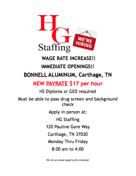 HG Staffing Hiring at Bonnell Aluminum